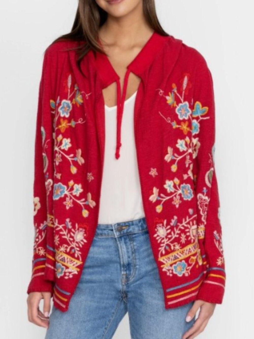 New W Tag sz L Johnny Was BIYA Jemima red embroidered cotton hoodie sweater